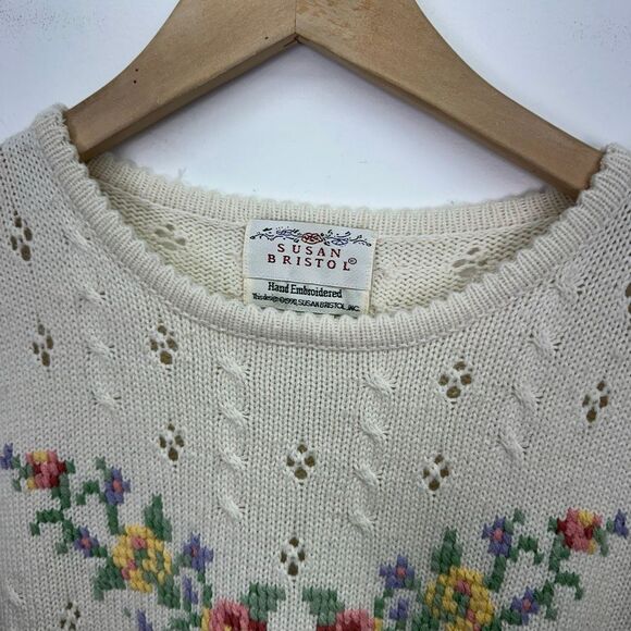 Susan Bristol Vintage Women’s Short Sleeve Multi Floral Cream Crop Knit Sweater - Picture 9 of 9